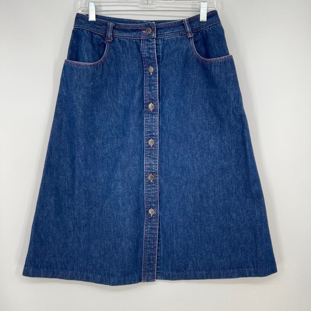 Vtg 80s Halston III Denim Skirt Fit 29 inch Indigo Blue Button Front Midi Pocket